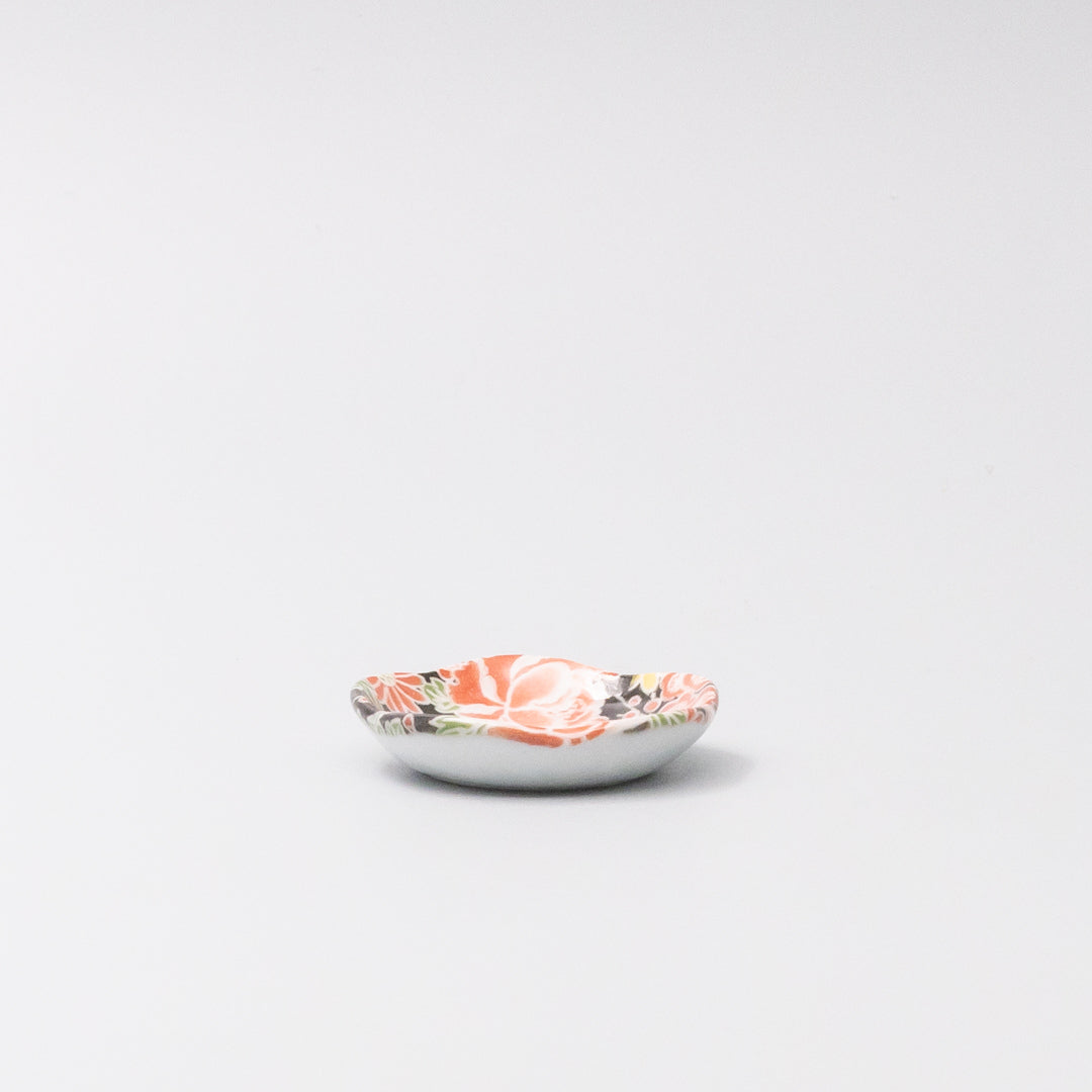 Small Japanese trinket plate with coral and yellow floral design
