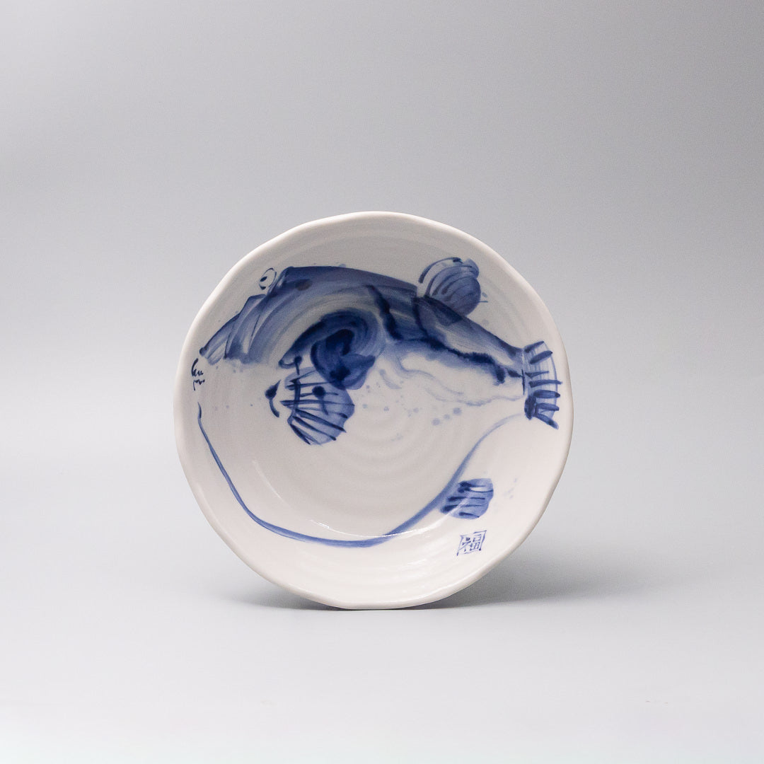 Japanese ceramic bowl indigo puffer fish design