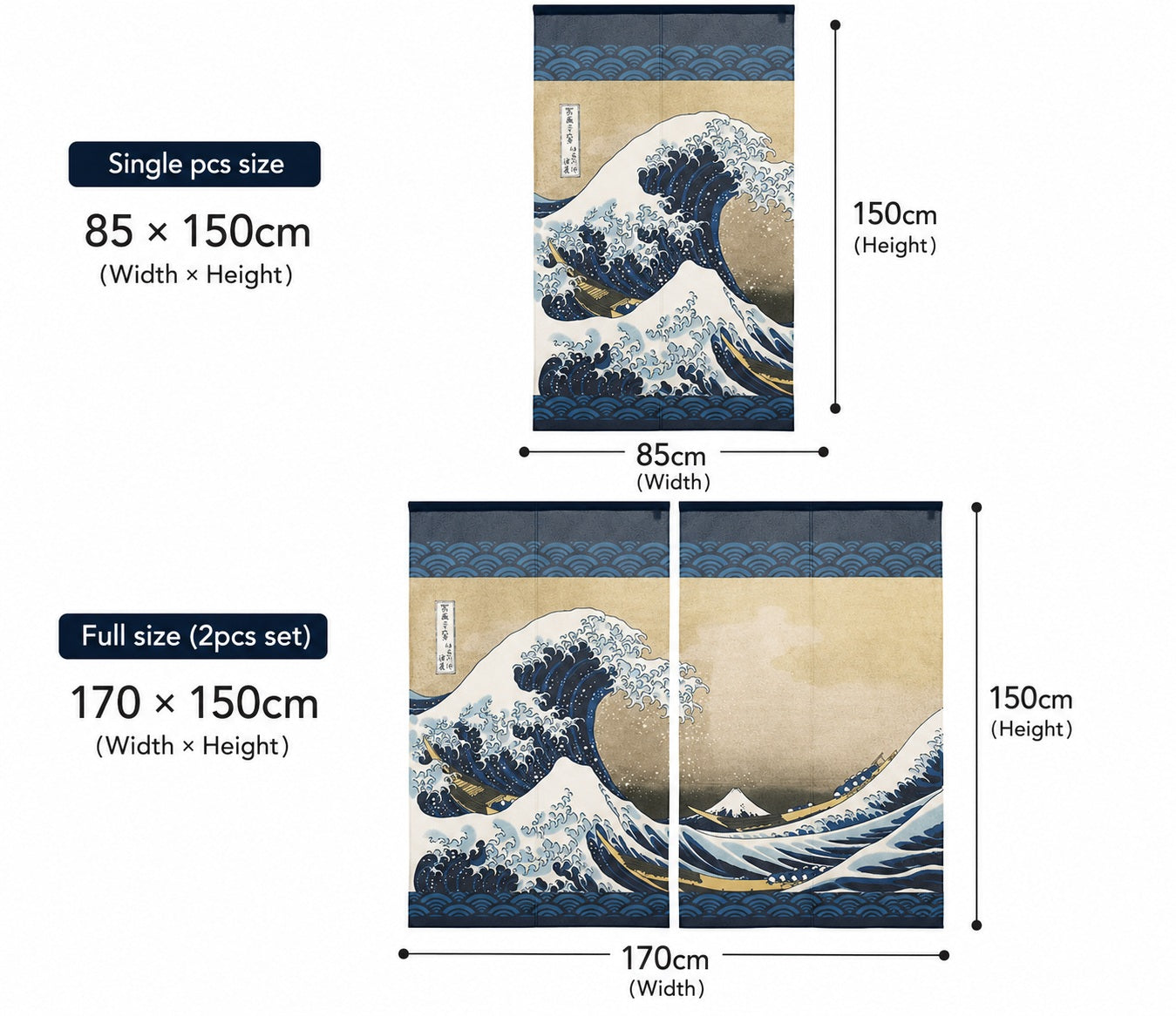 Noren Door Curtain 150cm Hokusai Wave Fuji Pair Set
