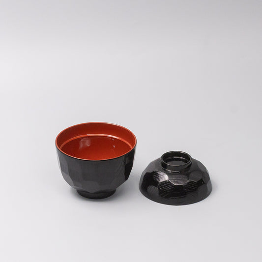 Miso Bowl Faceted 10cm Black and Red Lacquerware