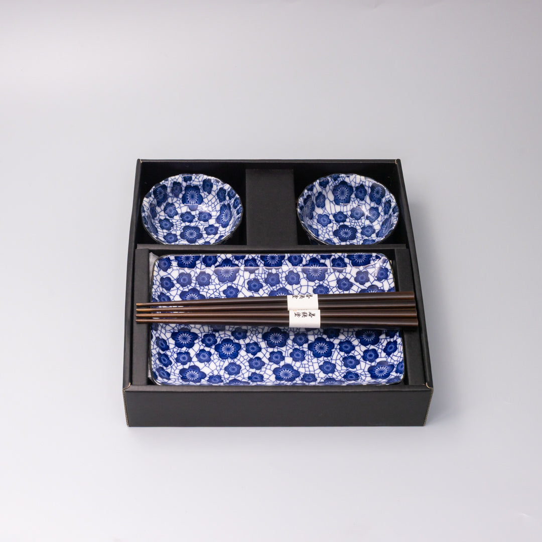 Sushi Set for Two with Chopsticks Black Blue Plum Design