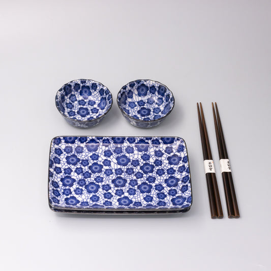 Sushi Set for Two with Chopsticks Black Blue Plum Design