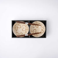 Bowl Set 2pcs with Chopsticks Cream Stylised Flower Design