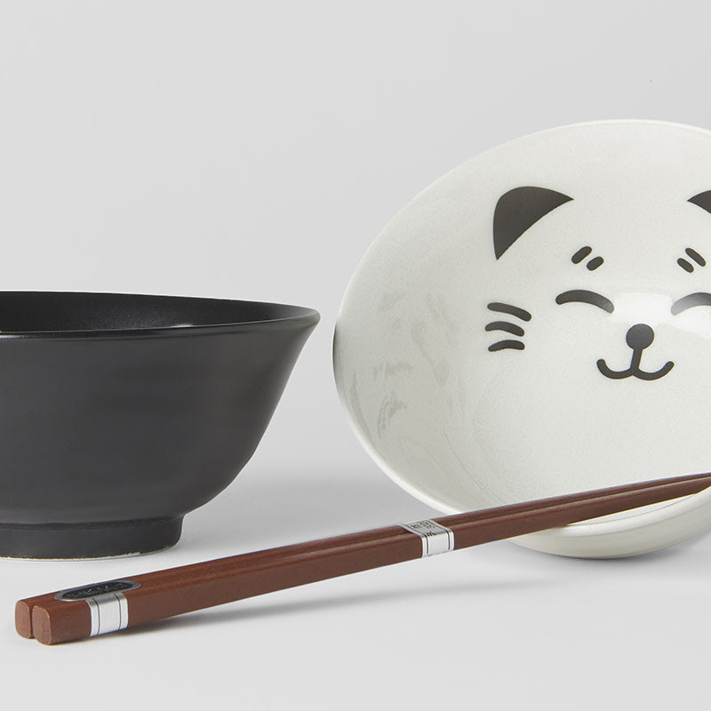 Bowl Set Cat Face 2 x 400 ml with Chopsticks