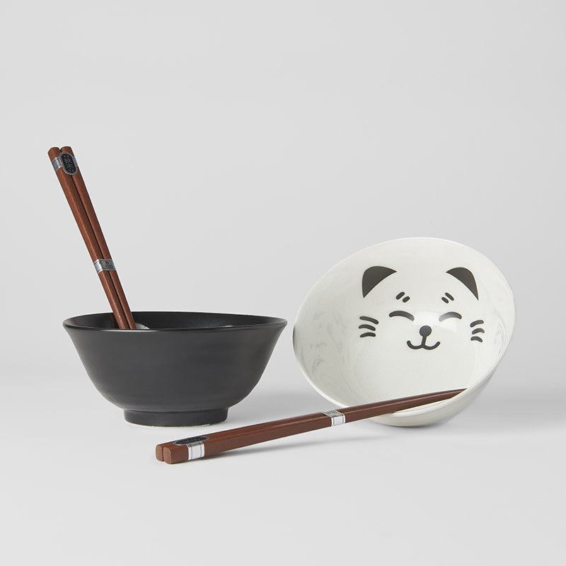 Bowl Set Cat Face 2 x 400 ml with Chopsticks