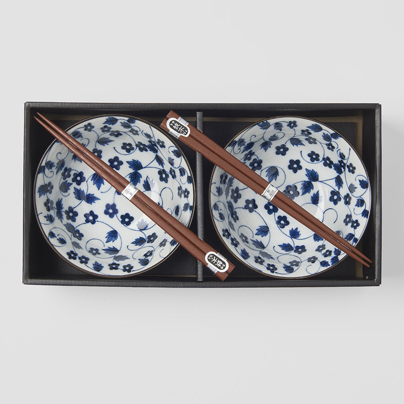 Bowl Set with Chopsticks, 2 pcs, 400 ml, Daisy Pattern on White Design