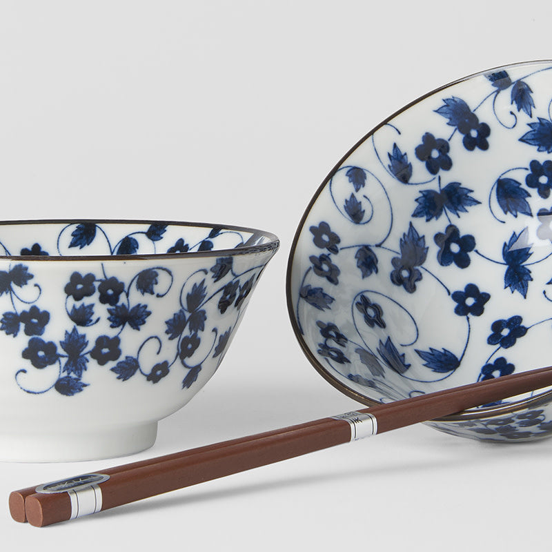 Bowl Set with Chopsticks, 2 pcs, 400 ml, Daisy Pattern on White Design