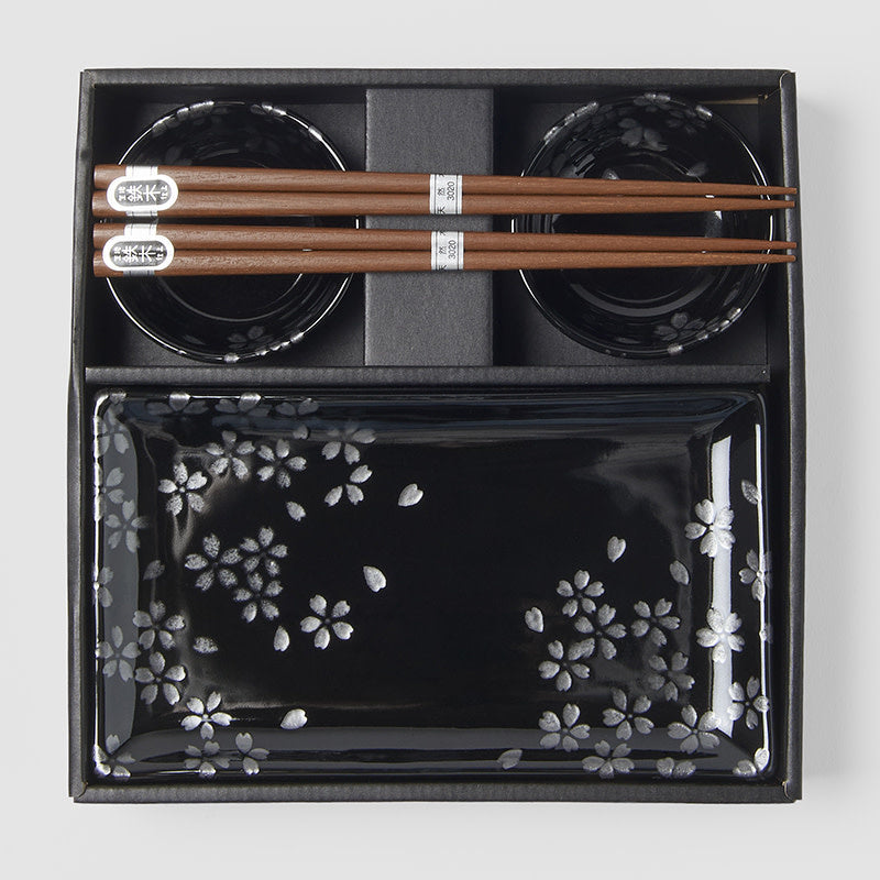 Sushi Set with Chopsticks, 4 pcs, Black Sakura Design