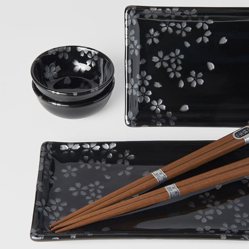 Sushi Set with Chopsticks, 4 pcs, Black Sakura Design