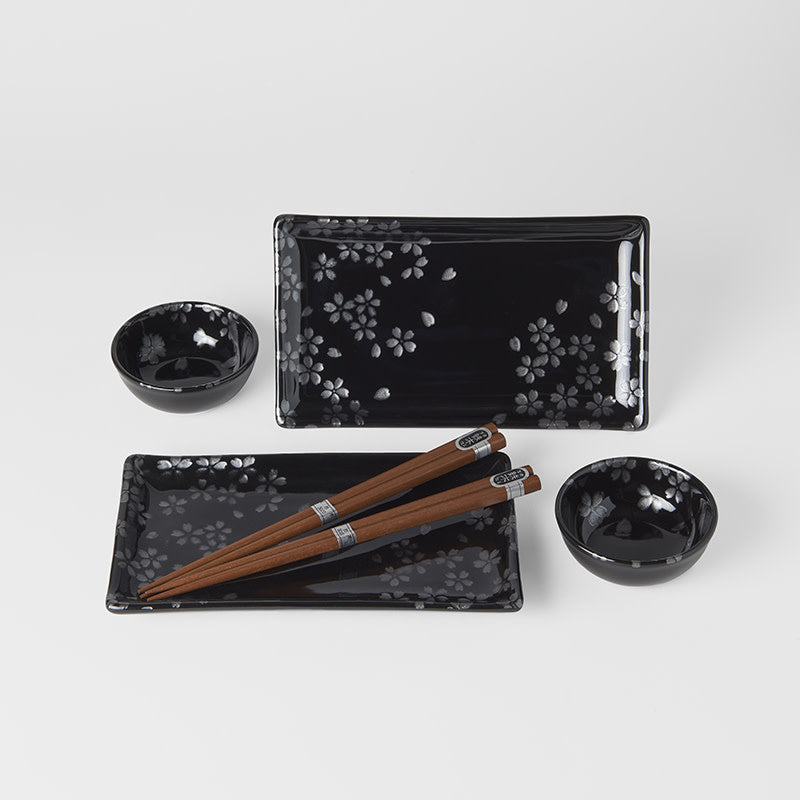 Sushi Set with Chopsticks, 4 pcs, Black Sakura Design