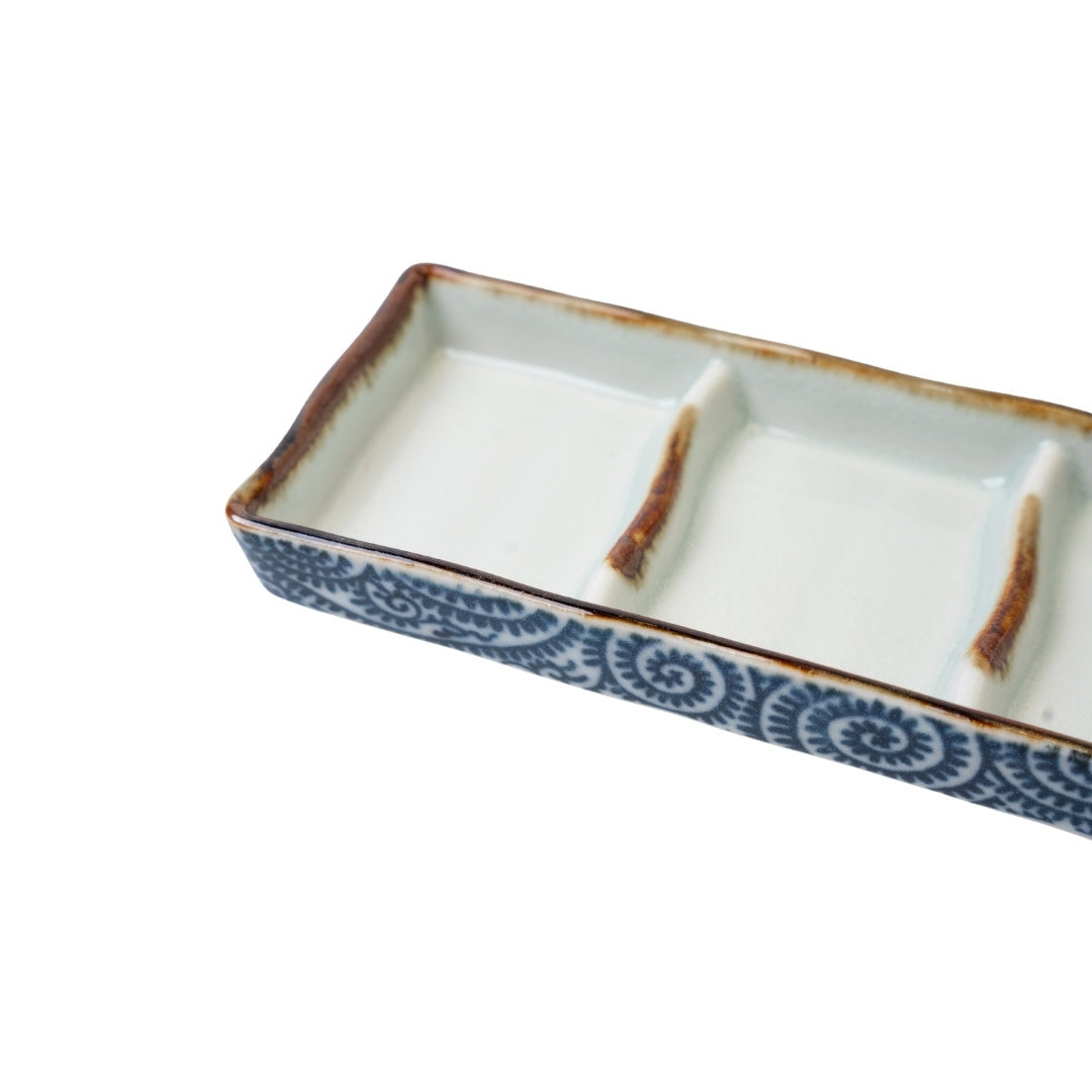 Triple Dish Rectangular / White with Blue Scroll