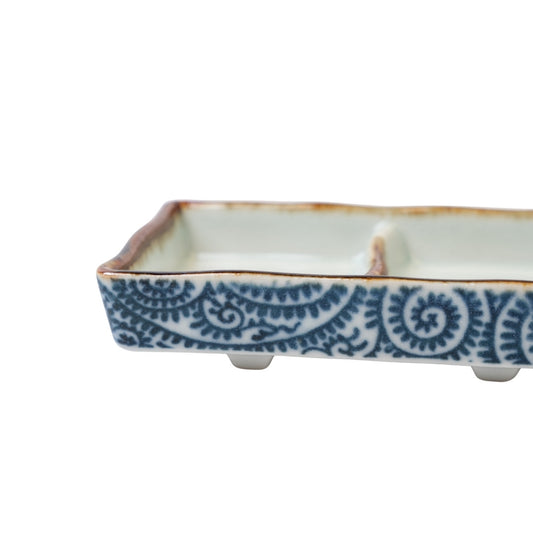 Triple Dish Rectangular / White with Blue Scroll