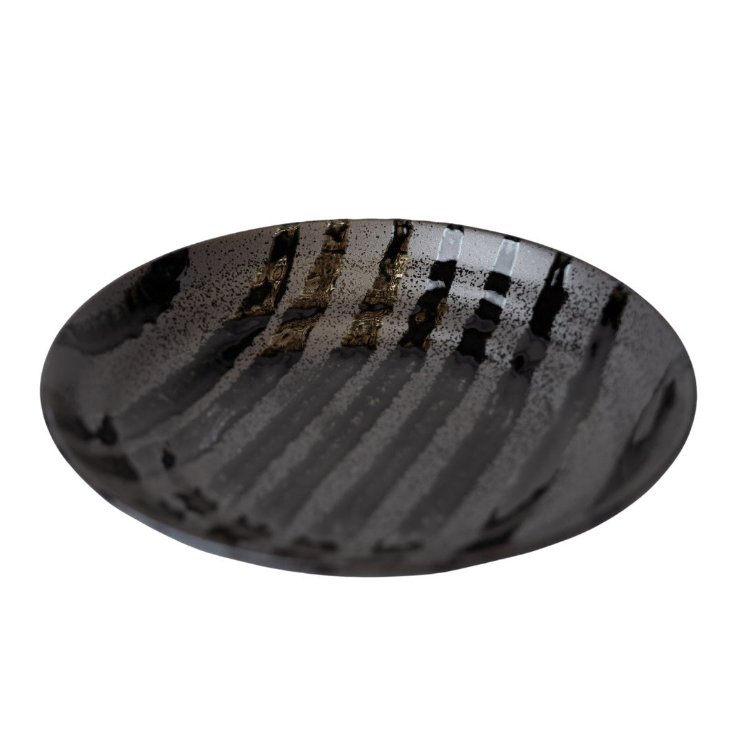 Flat Base Shallow Bowl 500 ml / Gloss Black Stripes On Gunmetal Glaze / 23cm