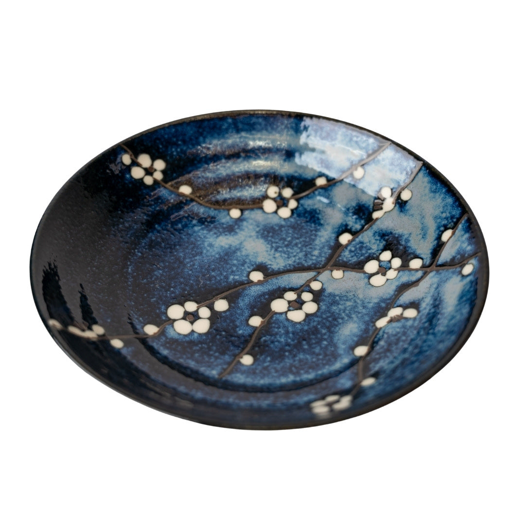 Flat Base Shallow Bowl 500 ml / Dark Blue Blossom Glaze / 23 cm