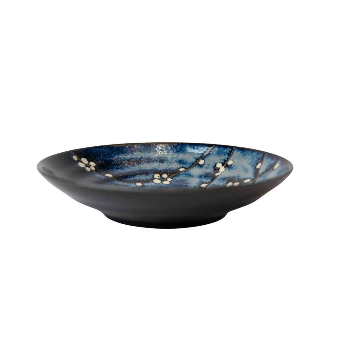 Flat Base Shallow Bowl 500 ml / Dark Blue Blossom Glaze / 23 cm