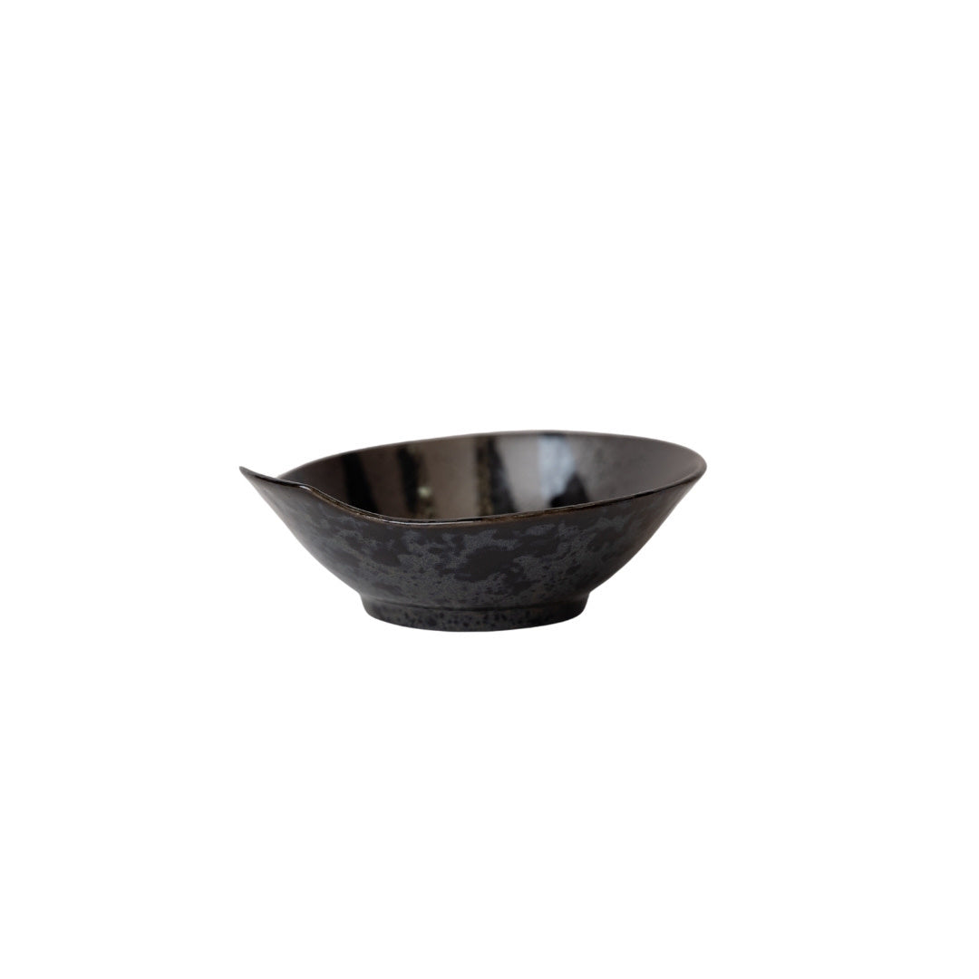 Small Bowl with Handle 125 ml / Gloss Black Stripes On Gunmetal Glaze / 13 cm