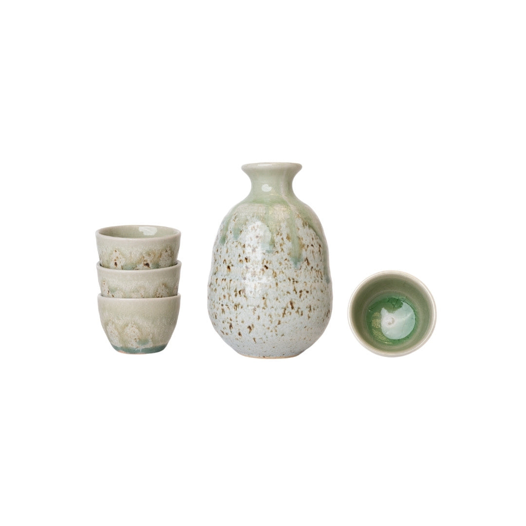 Gift Sake Set for Four 280 ml / Green Drip Glaze