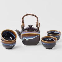 Tea Set / Tenmokku With Bright Blue Glaze