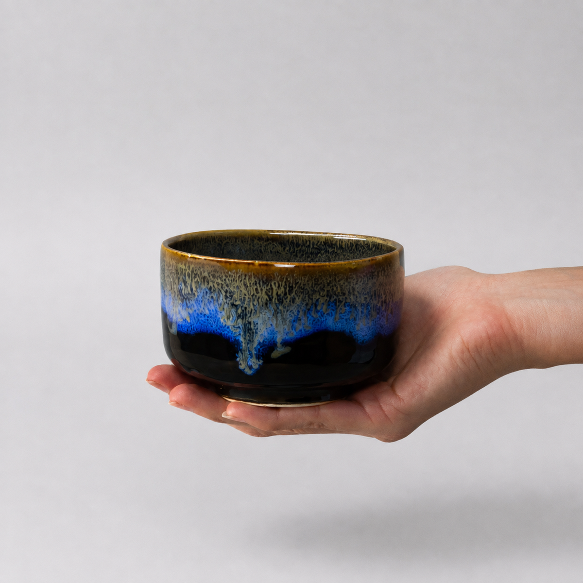 Matcha Tea Bowl 11.5cm Blue Drip on Black