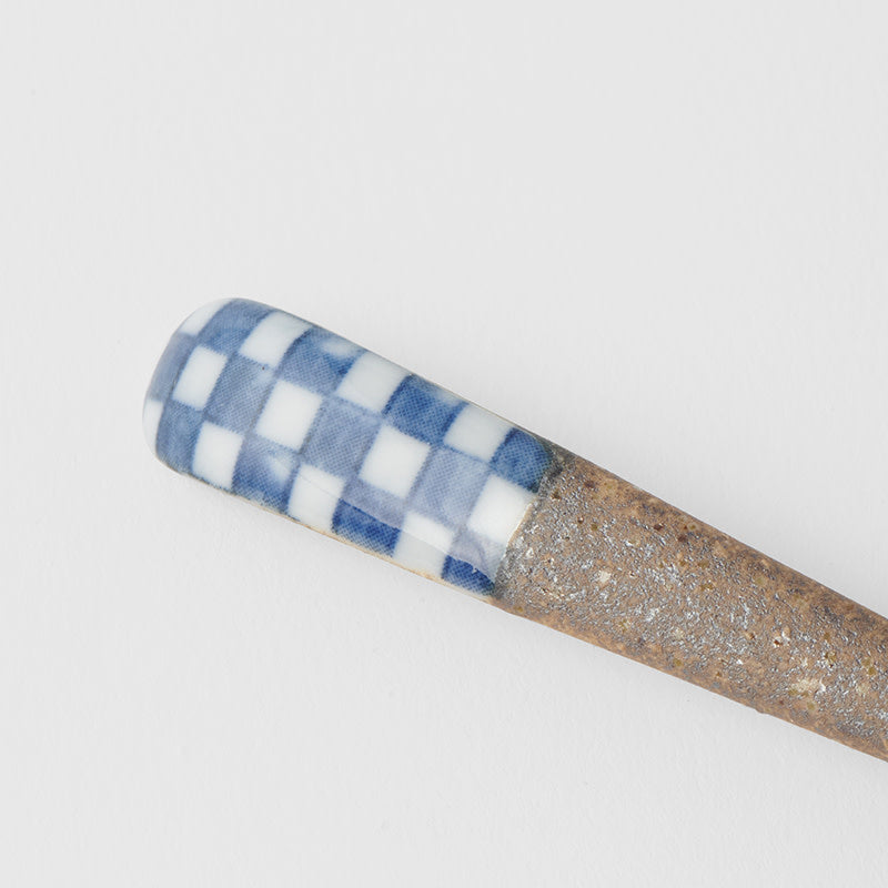 Small Bisque Spoon / Indigo Checkerboard Design