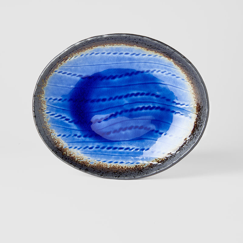 Oval Plate, 24 x 20 cm, Ceramic, Cobalt Blue Glaze, Irregular Rim