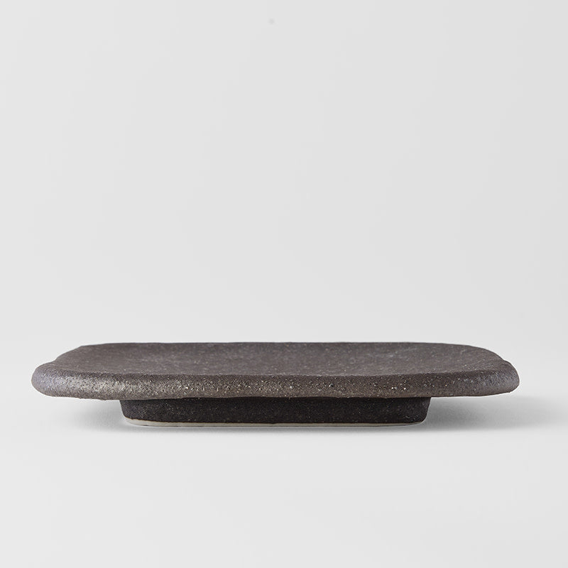 Square Plate, 19 x 19 cm, Stone Slab, Ceramic, Matte Black, Irregular Rim