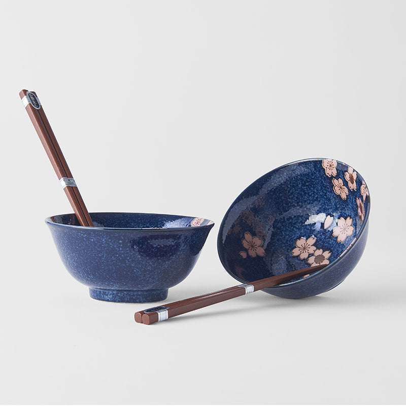 Bowl Set Pink Sakura Navy Blue 2 x 400 ml with Chopsticks