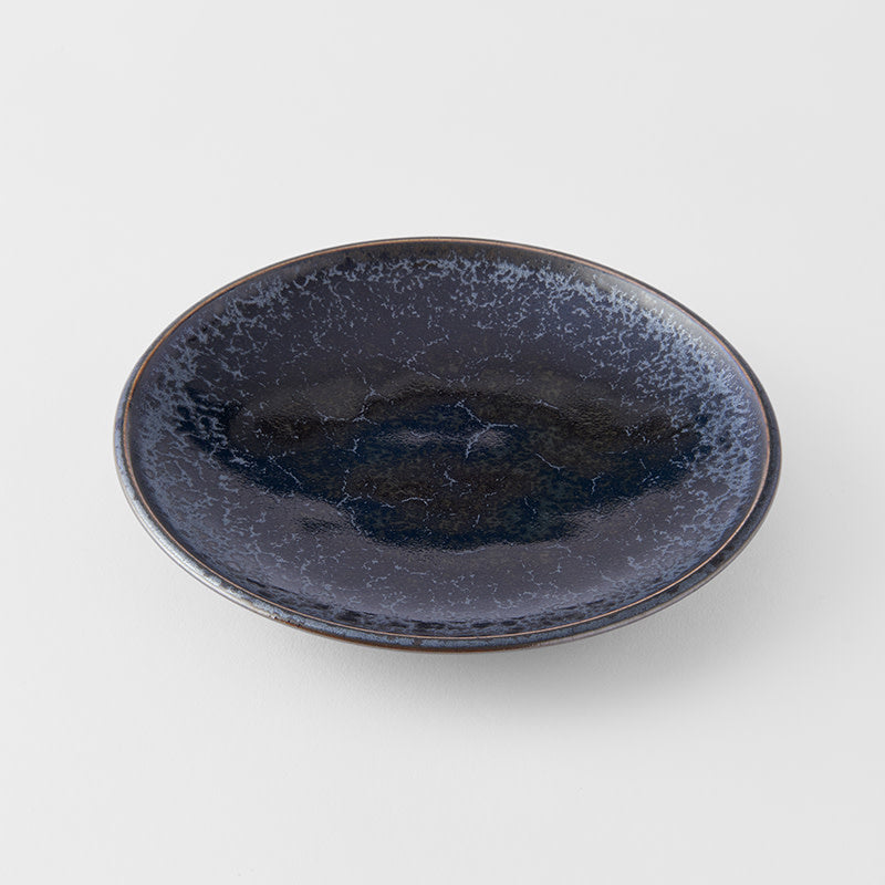 Tapas Plate, 17 cm, Minoyaki Porcelain, Black Pearl Gloss & Matte Glaze, Cyan Accents