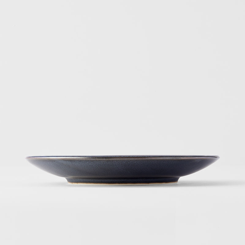 Tapas Plate, 17 cm, Minoyaki Porcelain, Black Pearl Gloss & Matte Glaze, Cyan Accents