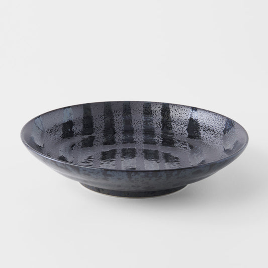 Pasta Bowl Flat 23cm Gloss Black Stripes On Gunmetal Black Glaze