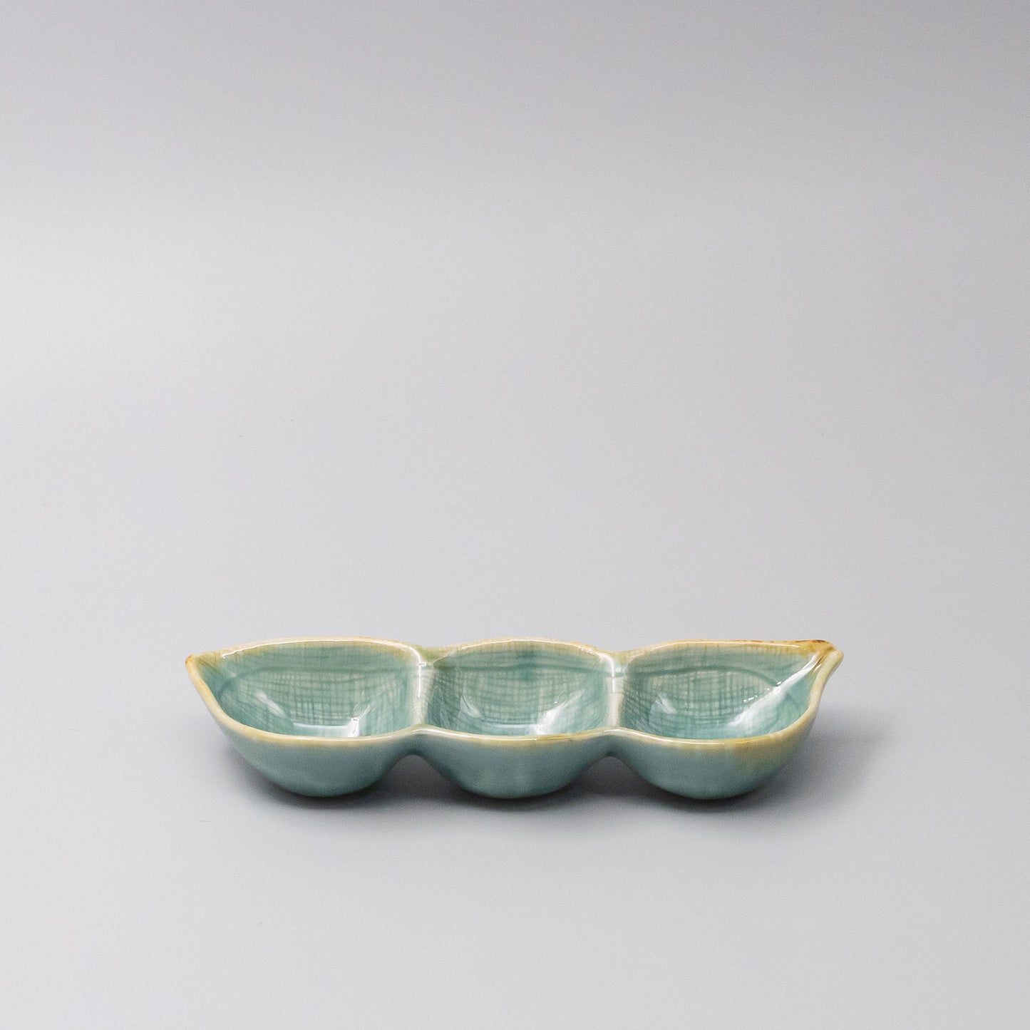 Edamame Triple Pod Dish 20cm Celadon Glaze handcrafted Japanese ceramic serving dish