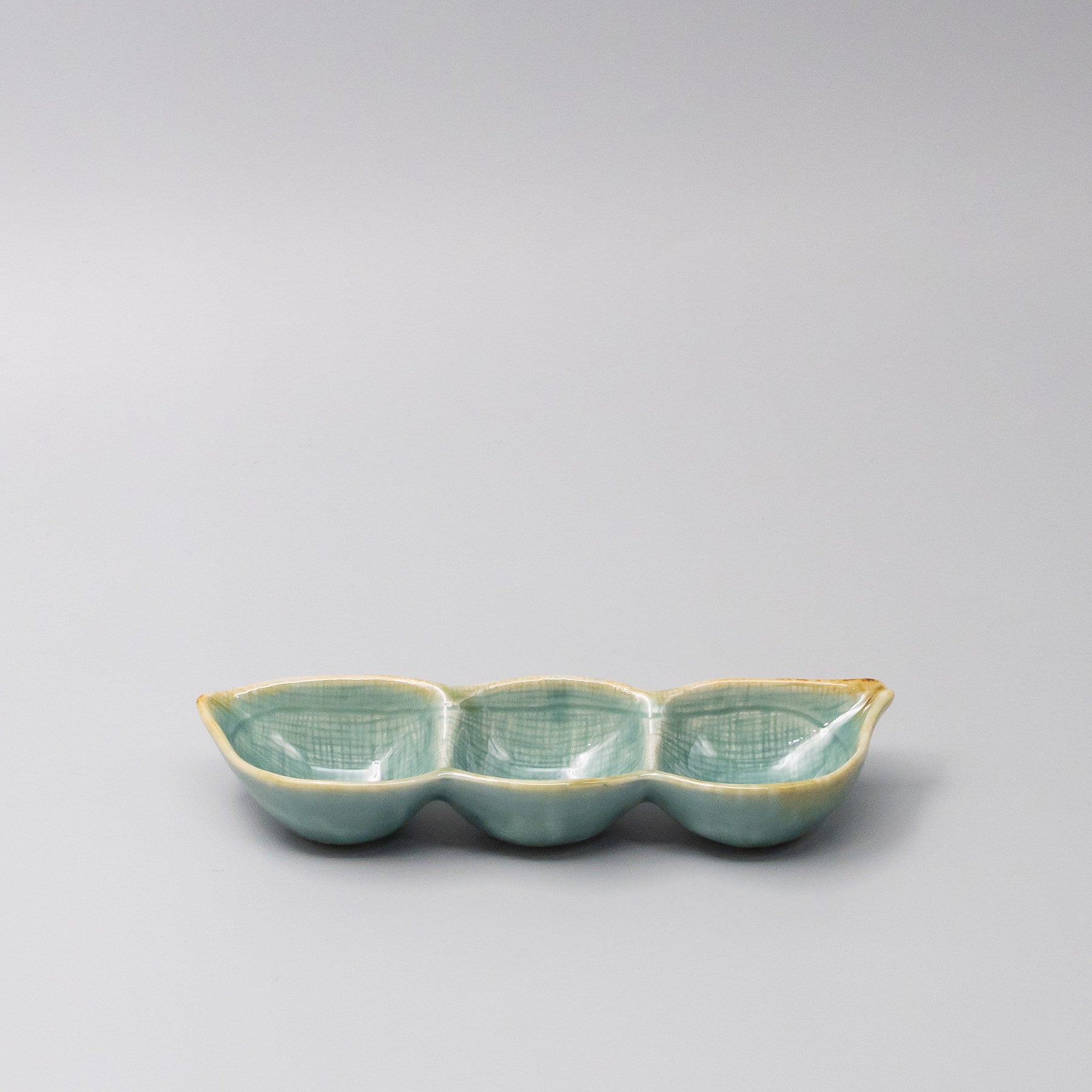 Edamame Triple Pod Dish 20cm Celadon Glaze handcrafted Japanese ceramic serving dish