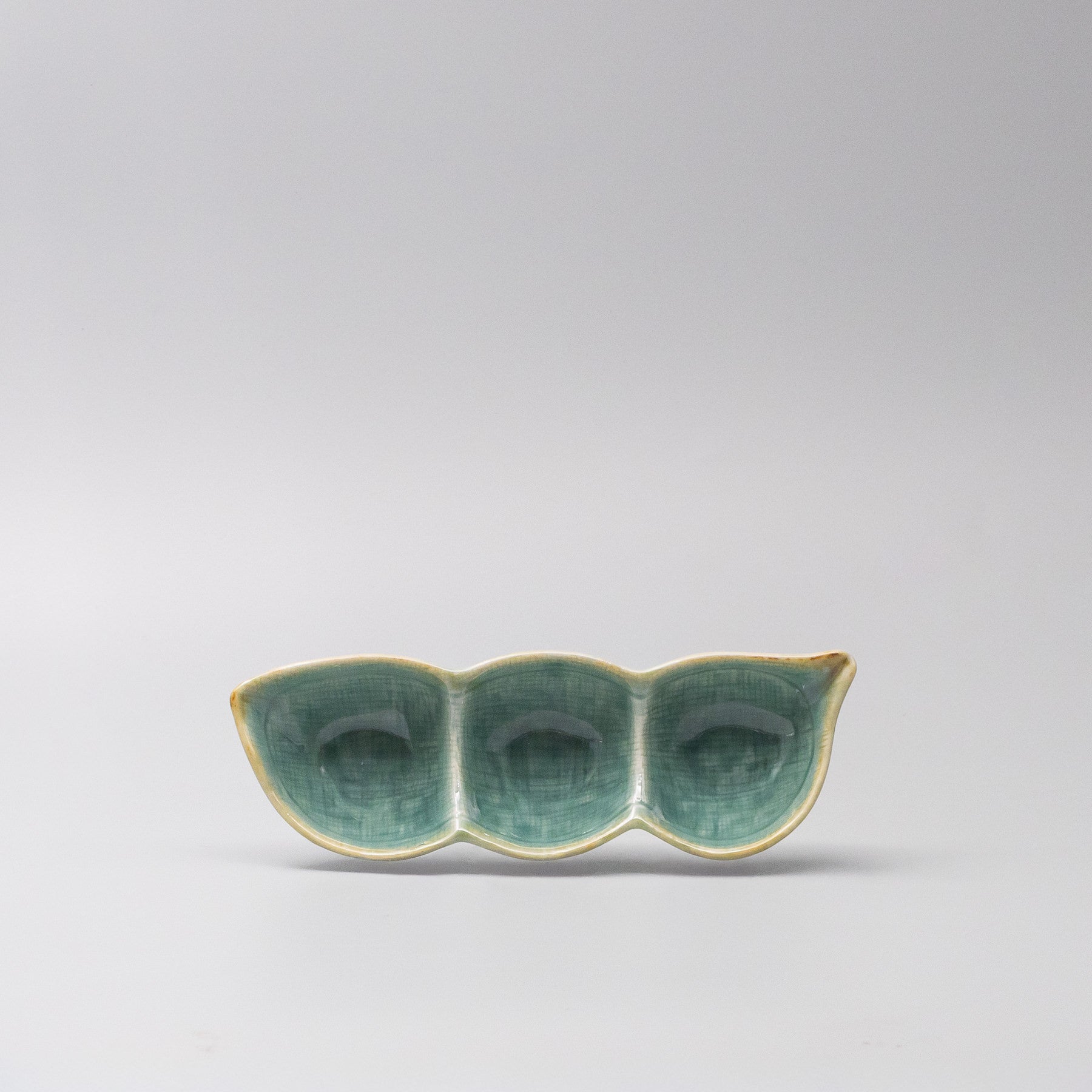 Edamame Triple Pod Dish 20cm Celadon Glaze angled view showing three serving sections