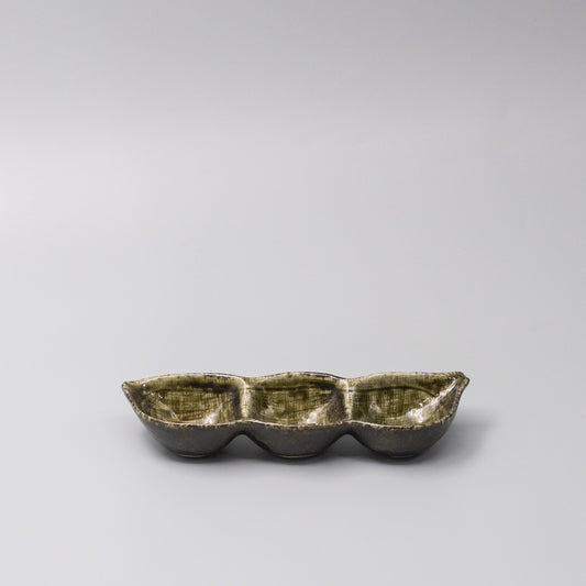 45-degree view of Green Glaze Edamame Triple Pod Dish