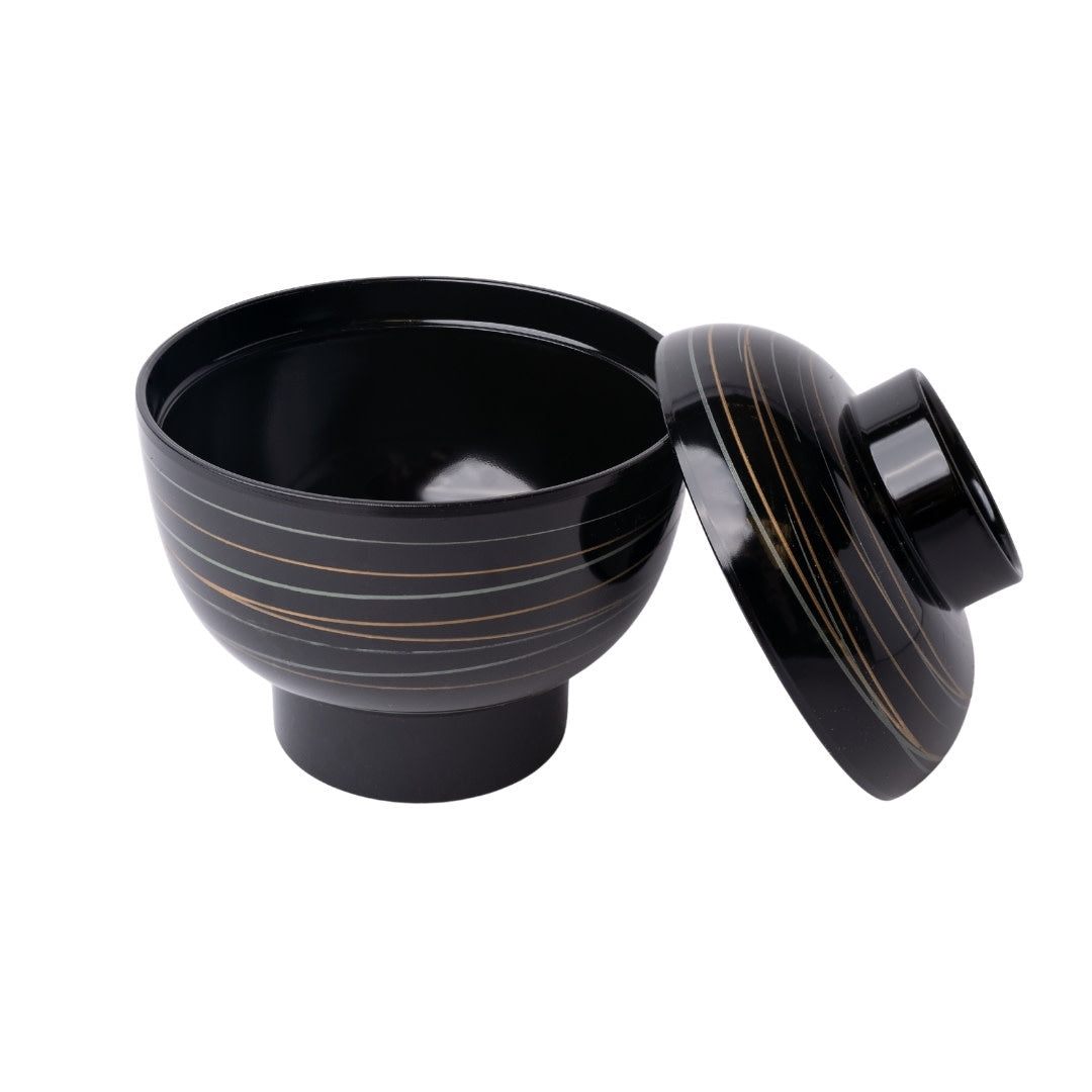 Black Miso Bowl with Gold & Silver Spiral Design – Japanese Lacquerware 11cm