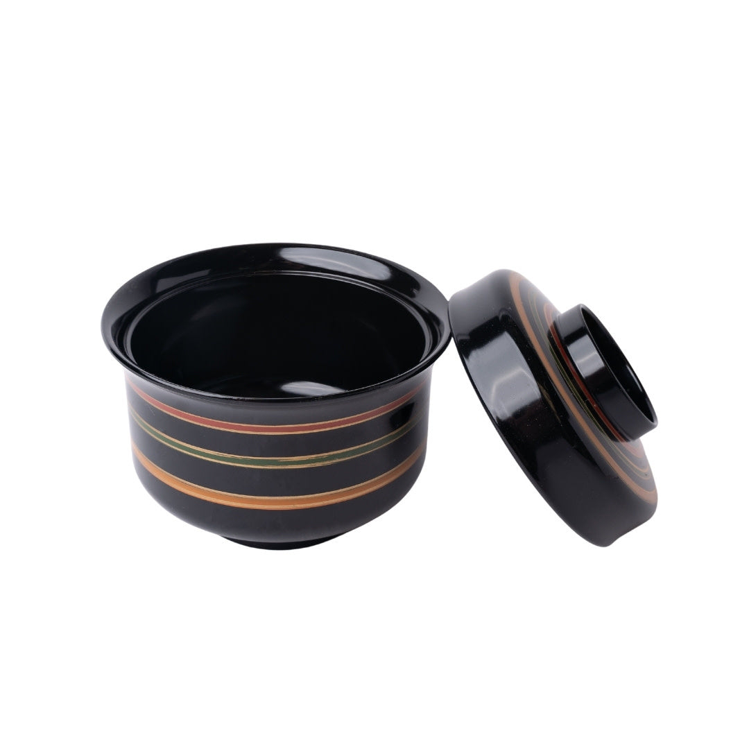 Black Miso Bowl with Regent Stripe Design – Japanese Lacquerware 10 cm