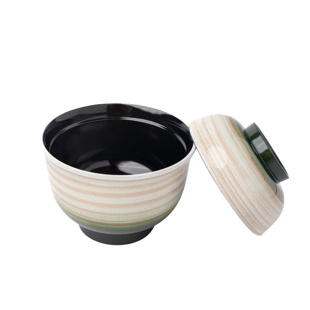 Cream Swirl on Green Lidded Miso Bowl – Japanese Lacquerware 10 cm