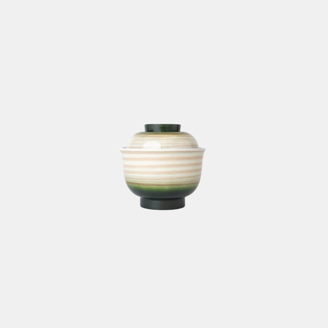 Cream Swirl on Green Lidded Miso Bowl – Japanese Lacquerware 10 cm