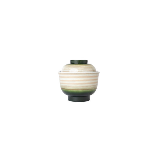 Cream Swirl on Green Lidded Miso Bowl – Japanese Lacquerware 10 cm