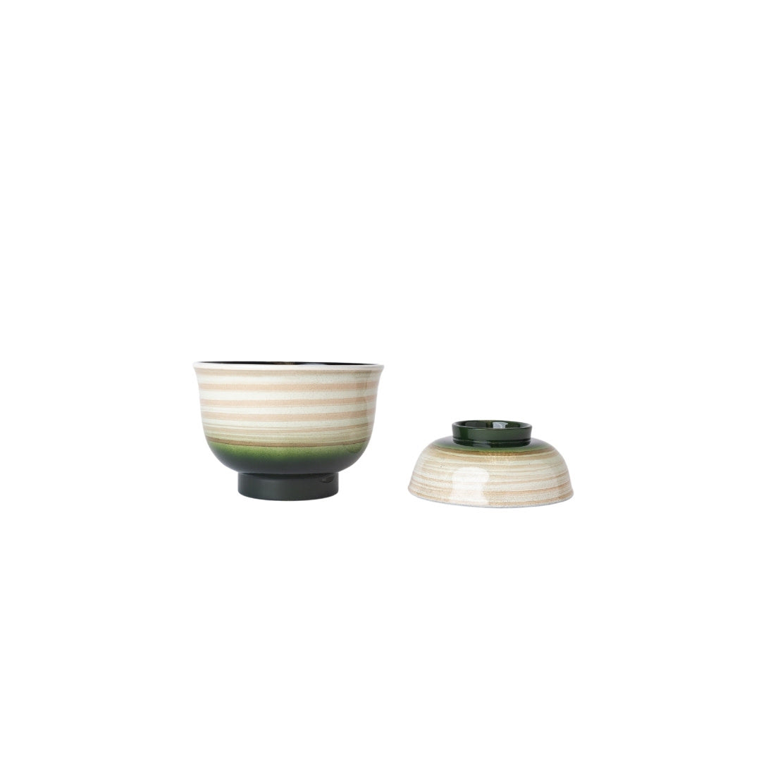 Cream Swirl on Green Lidded Miso Bowl – Japanese Lacquerware 10 cm