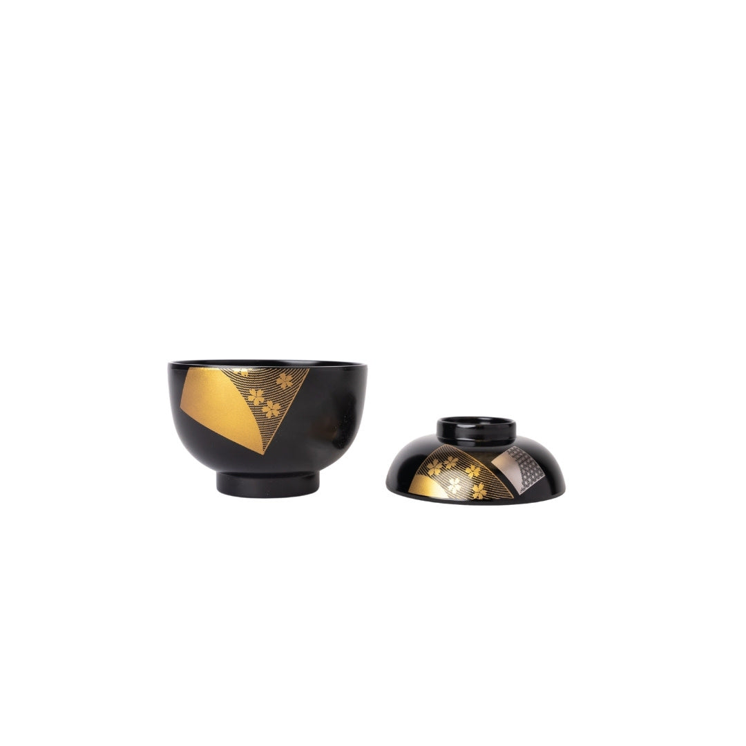 Black & Metallic Fan Design Lidded Miso Bowl – Japanese Lacquerware 10cm