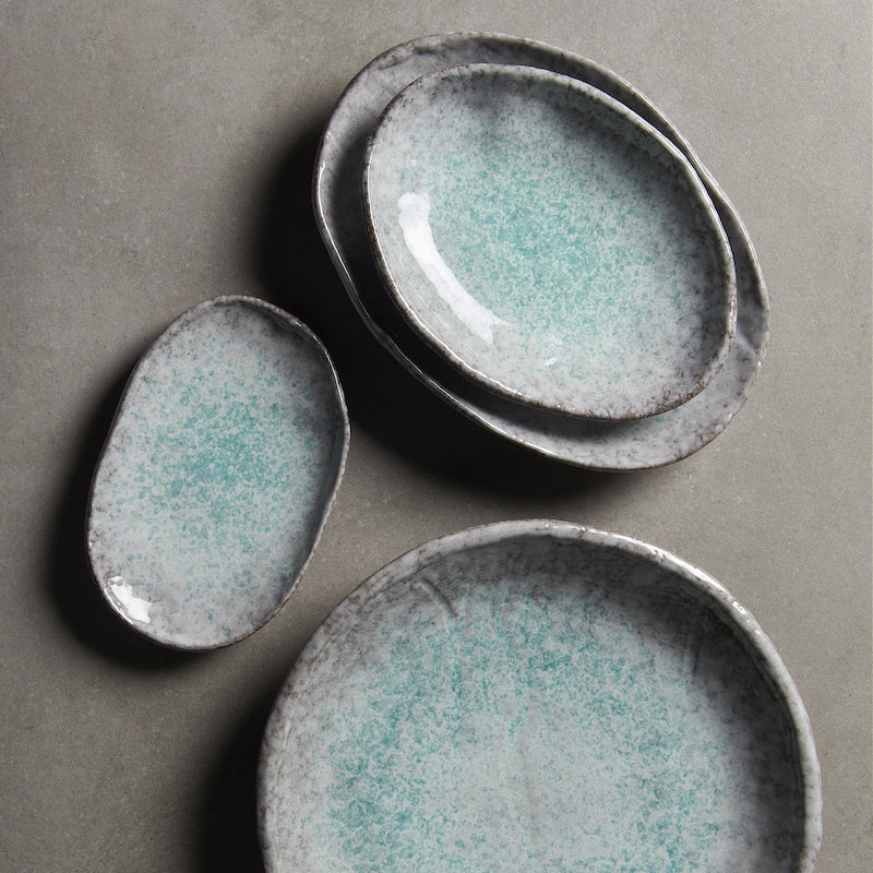 Oval Plate, 24 x 17 cm, Ceramic, Aqua Splash Blue, Glossy Irregular Rim