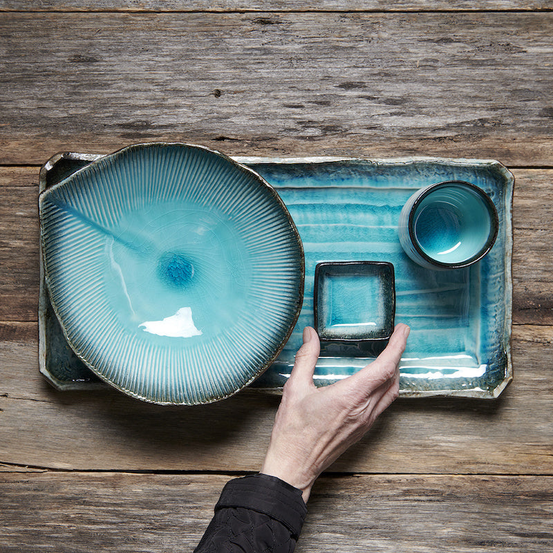 Rectangular Plate, 28.5 x 12 cm, Ceramic, Sky Blue Glaze, Irregular Rim