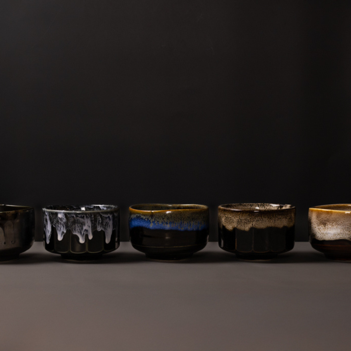 Matcha Tea Bowl 11.5cm Blue Drip on Black