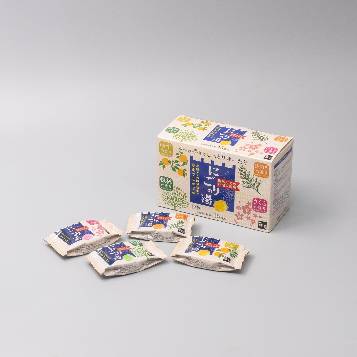45-degree view of Onsen Bath Fizzers 4 Fragrances Gift Box 16pcs