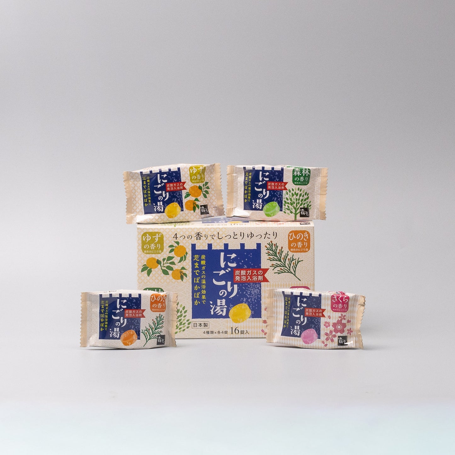 Front view of Onsen Bath Fizzers 4 Fragrances Gift Box 16pcs made in Japan
