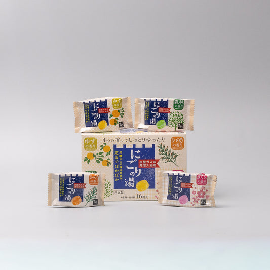 Front view of Onsen Bath Fizzers 4 Fragrances Gift Box 16pcs made in Japan
