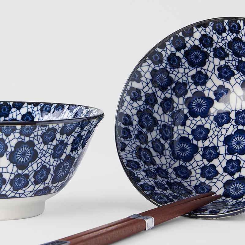 Bowl Set 2pcs with Chopsticks Blue Plum Design - Made In Japan | Japanese Tableware