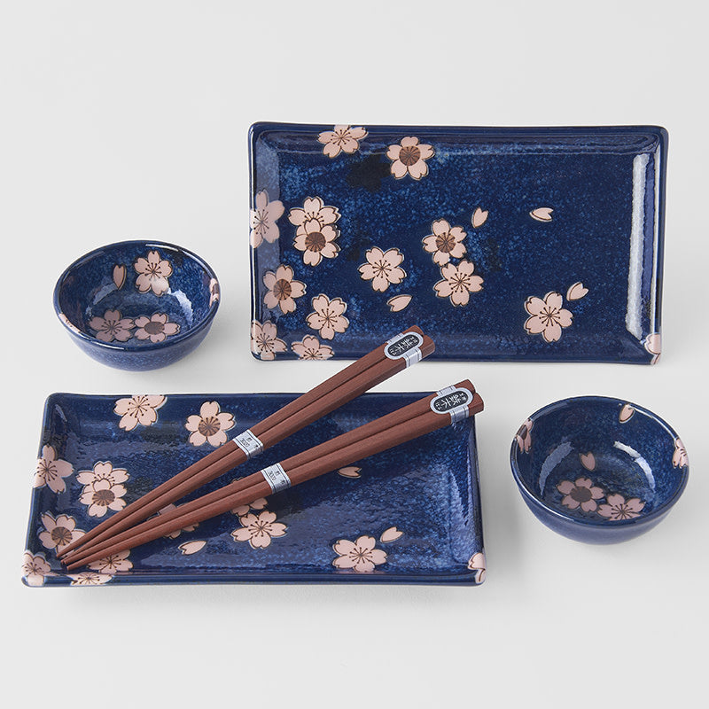 Sushi Set Navy with Pink Sakura 4 pcs with Chopsticks