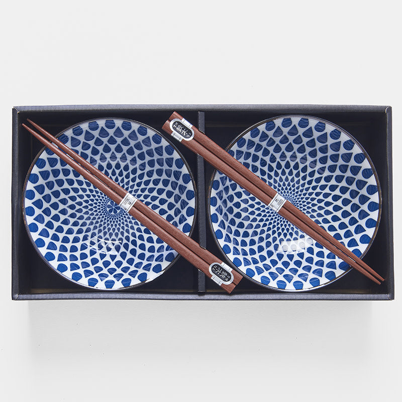 Bowl Set White with Blue Teardrops 2 x 400 ml with Chopsticks